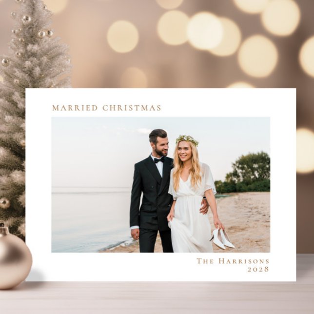 Cartes Pour Fêtes Annuelles Minuscule photo moderne Marié Noir Blanc Or (A beautiful and unique photo card to announce your marriage to family + friends this holiday season)
