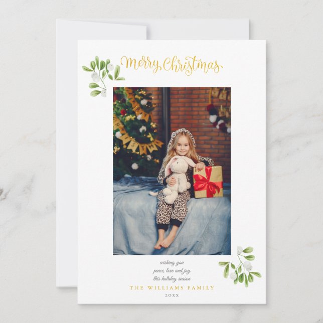 Cartes Pour Fêtes Annuelles Mistletoe Gold Script Joyeux Noël Photo (Devant)