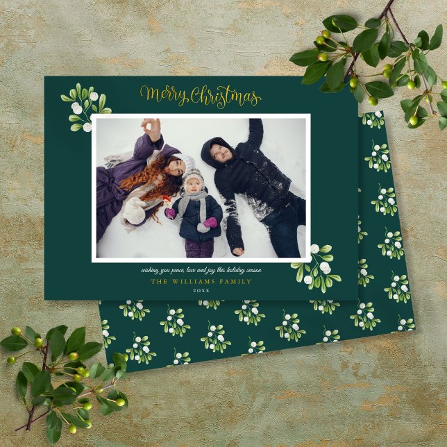 Cartes Pour Fêtes Annuelles Mistletoe Photo Gold Script Joyeux Noël (Mistletoe Photo Gold Script Merry Christmas Holiday Card)