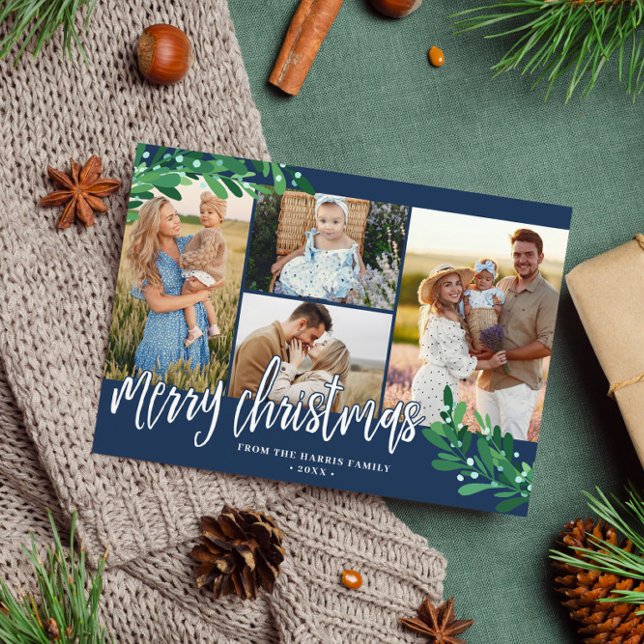 Cartes Pour Fêtes Annuelles Mistletoe Twigs Navy Photo Collage Merry Christmas (Créateur téléchargé)