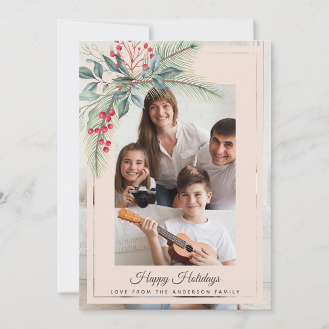 Cartes Pour Fêtes Annuelles Mistletoe Wreath Famille de Noël Photo rose pâle (Devant)