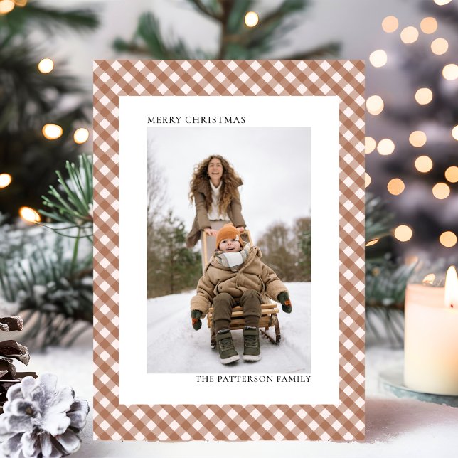 Cartes Pour Fêtes Annuelles Mocha Brown En vichy Plaid Motif Photo Noël (Créateur téléchargé)