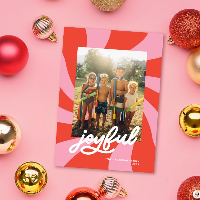 Cartes Pour Fêtes Annuelles Mod Wavy Retro Noël rose photo rouge (Créateur téléchargé)