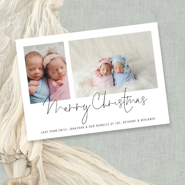 Cartes Pour Fêtes Annuelles Modern 2 Photo Collage Bébé Jumeaux Premier Noël (Créateur téléchargé)
