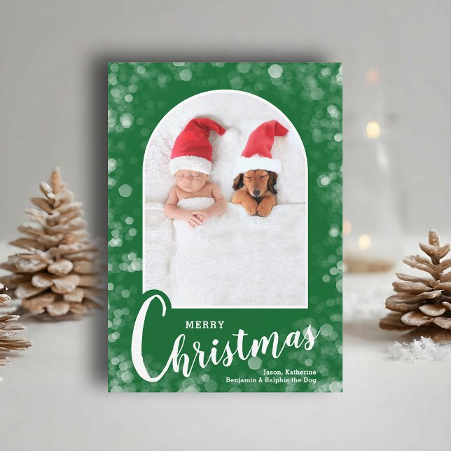Cartes Pour Fêtes Annuelles Modern Arched Photo on Green Christmas (Modern arched photo on green Merry Christmas holiday cards, PRINTED and/or INSTANT DOWNLOAD)