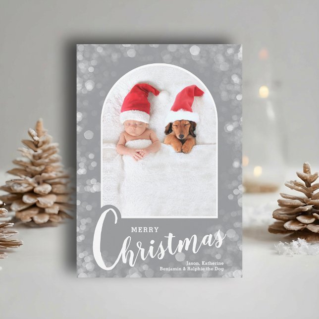Cartes Pour Fêtes Annuelles Modern Arched Photo on Grey Christmas (Modern arched photo on grey Merry Christmas holiday cards, PRINTED and/or INSTANT DOWNLOAD)