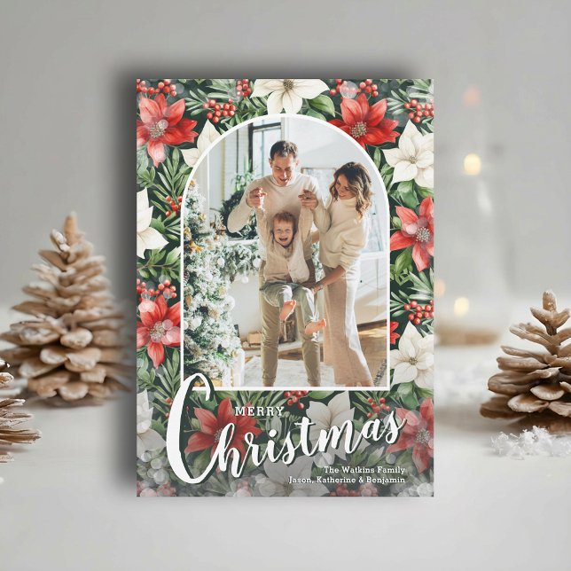 Cartes Pour Fêtes Annuelles Modern Arched Photo on Poinsettias Christmas (Modern arched photo on poinsettia Merry Christmas holiday cards, PRINTED and/or INSTANT DOWNLOAD)