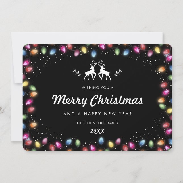 Cartes Pour Fêtes Annuelles Modern Black Christmas Lights Reindeer Snow (Devant)