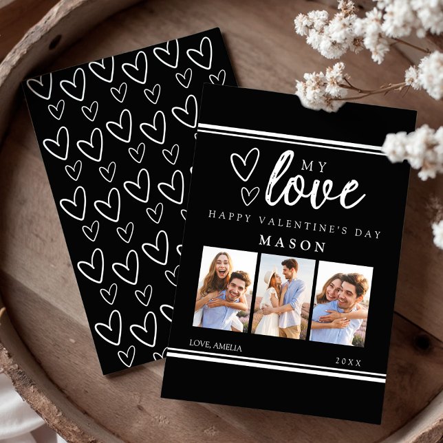 Cartes Pour Fêtes Annuelles Modern Black Happy Valentine's Photo Collage Card (Modern Black and White Hand Drawn Hearts Photo Collage Happy Valentine's Day Card)