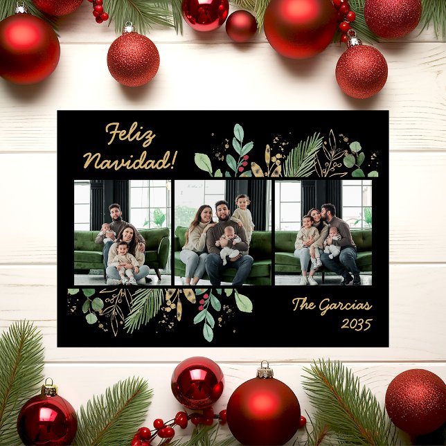 Cartes Pour Fêtes Annuelles Modern Botanical Greenery Photo Feliz Navidad (Créateur téléchargé)