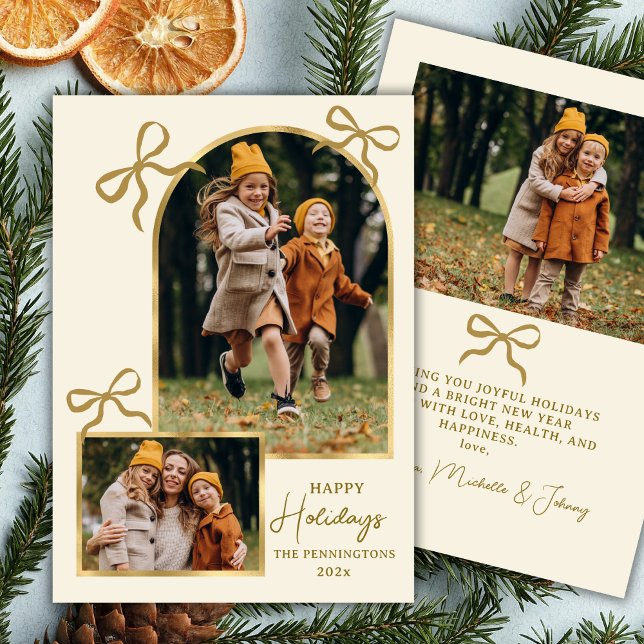 Cartes Pour Fêtes Annuelles Modern Bows Happy Holidays Gold Arch 3 Photo  (Créateur téléchargé)