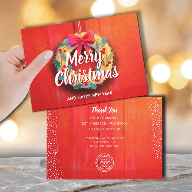 Cartes Pour Fêtes Annuelles Modern Christmas Wreath Business Logo (Modern wreath Merry Christmas business logo greeting cards, PRINTED and/or INSTANT DOWNLOAD)
