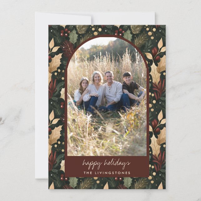Cartes Pour Fêtes Annuelles Modern Dark Green & Red Holly Arch Photo (Devant)