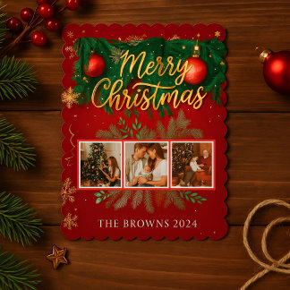 Cartes Pour Fêtes Annuelles Modern Elegant Red Gold Christmas Family Photo