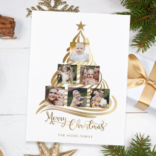 Cartes Pour Fêtes Annuelles Modern Faux Gold Christmas Tree Family Multiphoto
