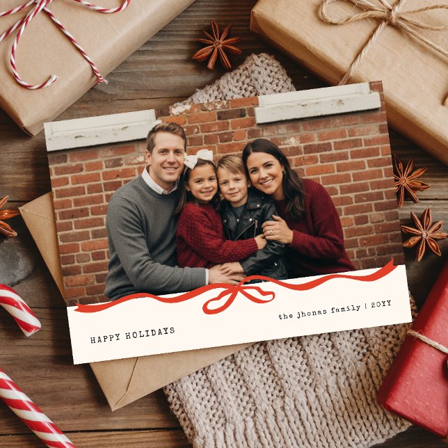 Cartes Pour Fêtes Annuelles Modern Gingham Family Portrait Red Bow Christmas (Créateur téléchargé)