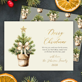 Cartes Pour Fêtes Annuelles Modern Gold Script Bow Watercolor Christmas Tree