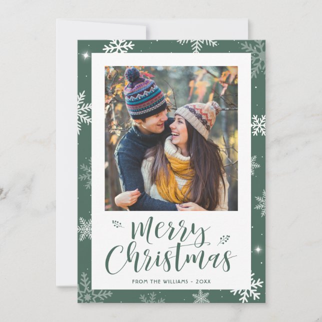 Cartes Pour Fêtes Annuelles Modern Green Snowflake Photo Christmas Card (Devant)