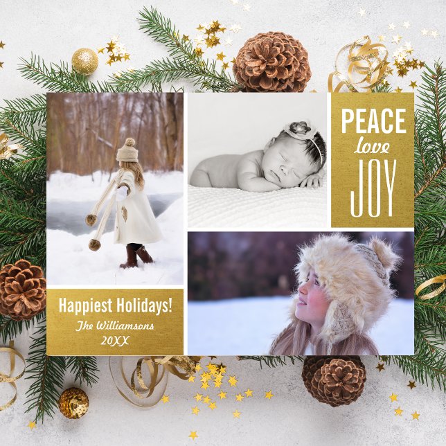 Cartes Pour Fêtes Annuelles Modern Holiday Gold Peace Love Joy Photo Collage (Créateur téléchargé)