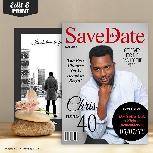 Cartes Pour Fêtes Annuelles Modern Magazine Anniversaire Enregistrer la date I (Modern Magazine Birthday Save the Date Invitation for Men)