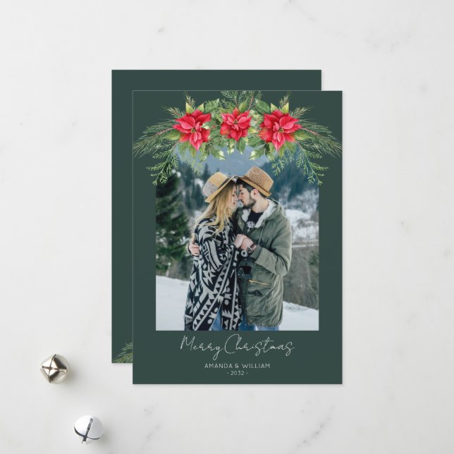 Cartes Pour Fêtes Annuelles Modern Poinsettia Greenery Photo (Devant/Arrière en situation)
