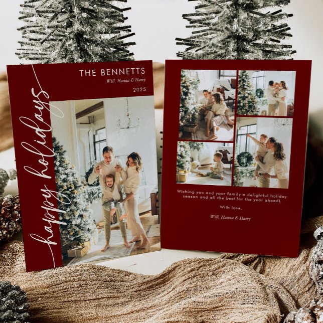 Cartes Pour Fêtes Annuelles Modern Red Script Happy Holidays Photo Collage  (Créateur téléchargé)