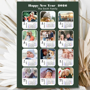 Cartes Pour Fêtes Annuelles Modern Sage Green 2026 Calendrier 12 Photo Collage