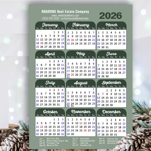 Cartes Pour Fêtes Annuelles Modern Sage Green 2026 Calendrier Business Simple (Créateur téléchargé)