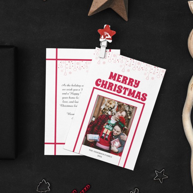 Cartes Pour Fêtes Annuelles Modern Simple 1 Photo + Devis Red Frame Noël (Modern Elegant Red Frame Merry Christmas Photo Holiday Card)