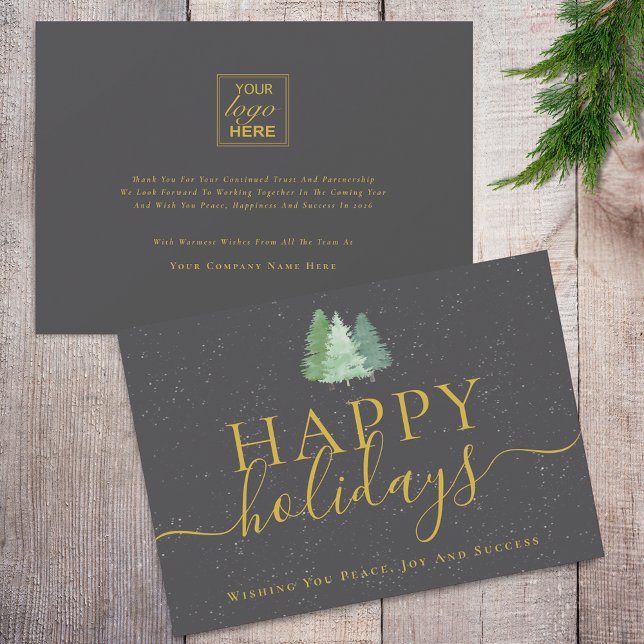 Cartes Pour Fêtes Annuelles Modern Woodland Snow Your Logo Gray Gold Business (Modern christmas woodland snow happy holidays business logo gold and gray holiday card)
