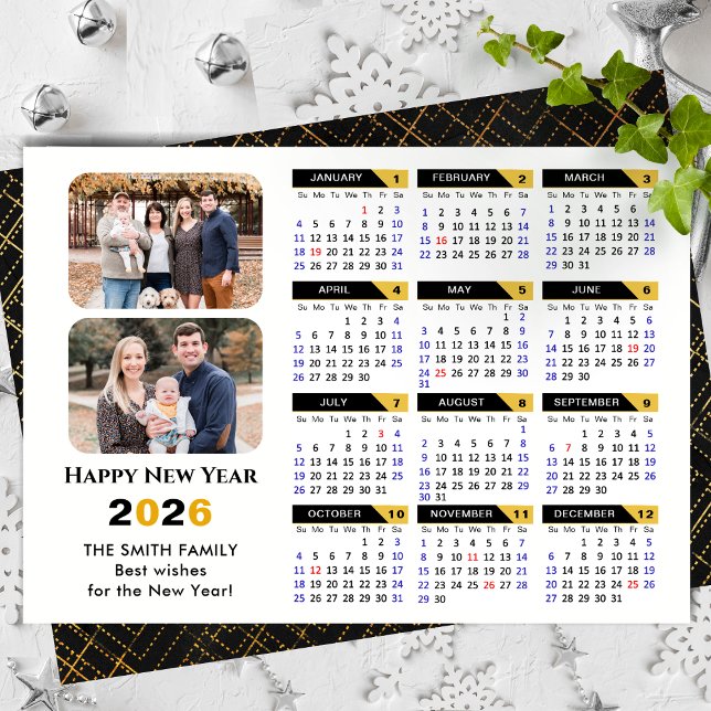 Cartes Pour Fêtes Annuelles Moderne 2026 Calendrier Famille 2 Photo Black Gold (Créateur téléchargé)
