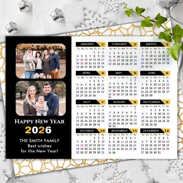 Cartes Pour Fêtes Annuelles Moderne 2026 Calendrier Famille 2 Photo Black Gold (Créateur téléchargé)