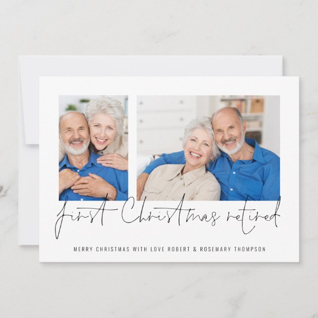 Cartes Pour Fêtes Annuelles Moderne 2 Photos Script Premier Noël Retraité (Devant)