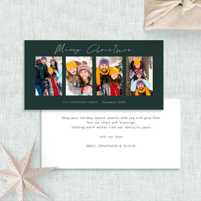 Cartes Pour Fêtes Annuelles Moderne 4 photo Collage de photos Noël vert (Front and back view)