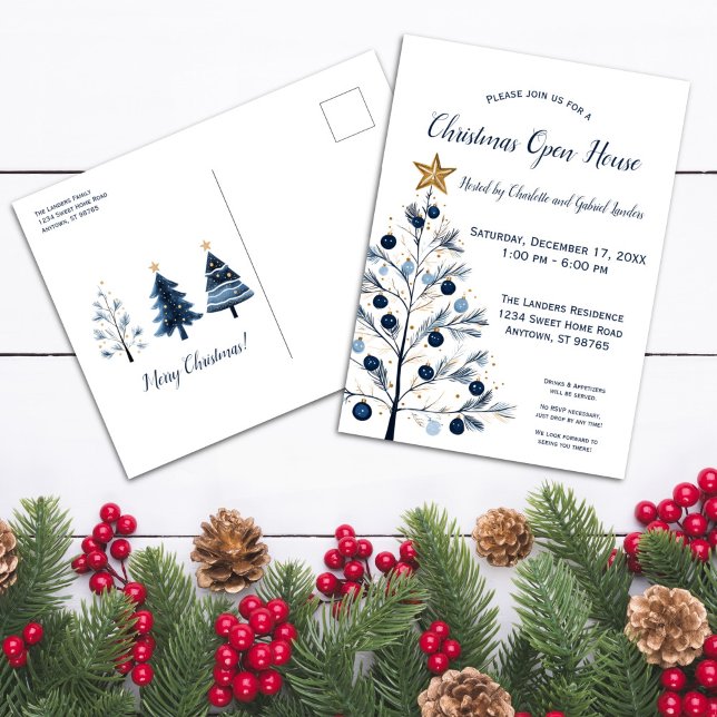 Cartes Pour Fêtes Annuelles Moderne Blue and Gold Christmas Tree Open House (Front and Back Modern Blue and Gold Christmas Tree Postcard)