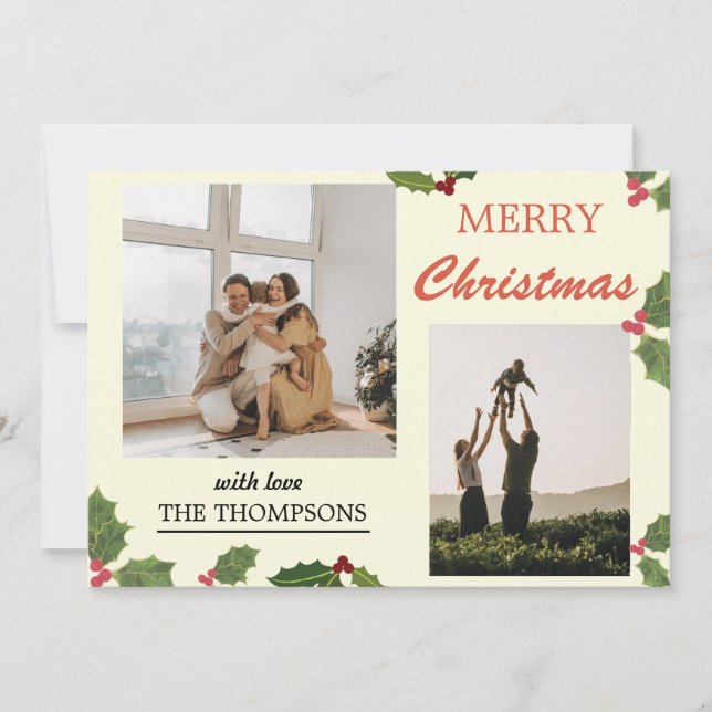 Cartes Pour Fêtes Annuelles Moderne Chic Holly Berries Joyeux Noël 2 Photo (Devant)