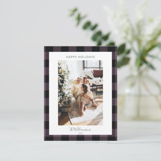 Cartes Pour Fêtes Annuelles Moderne Dusty Purple Plaid Rustique Photo Noël (Debout devant)