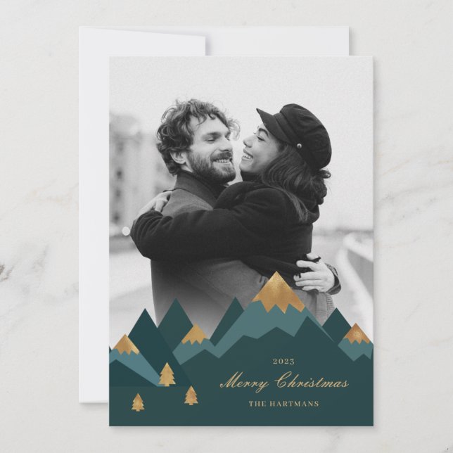 Cartes Pour Fêtes Annuelles Moderne Elegant Gold Mountains Photo Noël (Devant)