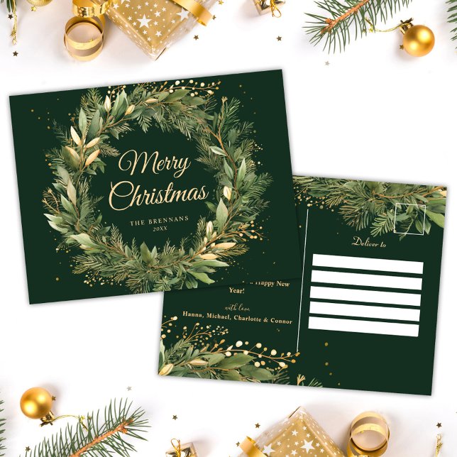 Cartes Pour Fêtes Annuelles Moderne élégante couronne de Noël vert botanique (Modern Elegant Christmas Wreath Botanical Green Holiday Postcard)
