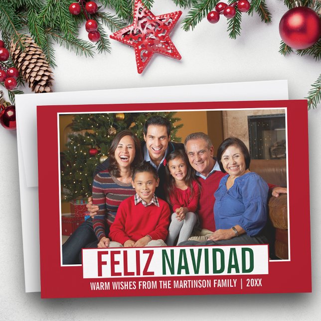 Cartes Pour Fêtes Annuelles Moderne Feliz Navidad Famille Photo Rouge (Customize to add text to back of card.)