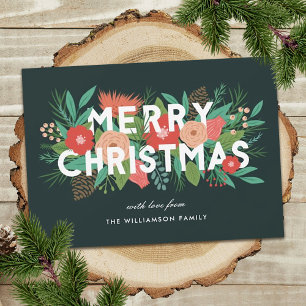 Cartes Pour Fêtes Annuelles Moderne Floral Gras Joyeux Noël Nom de Famille