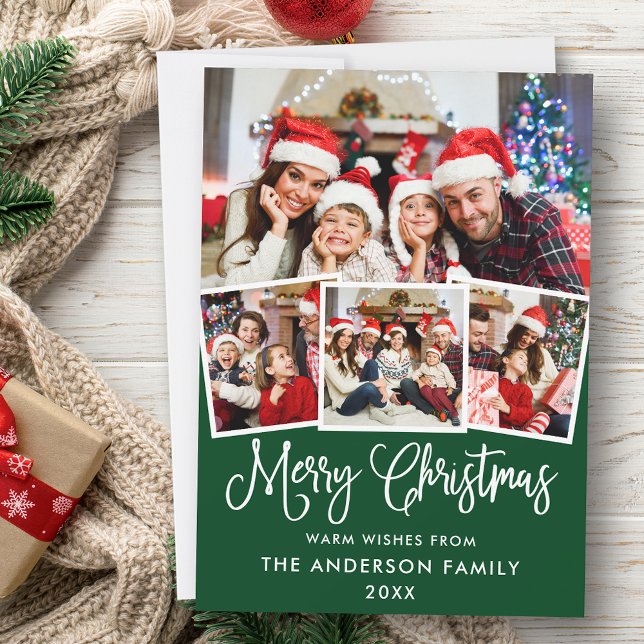 Cartes Pour Fêtes Annuelles Moderne Fun Calliage 4 Photo Christmas Green (Customize to add text to back of card.)