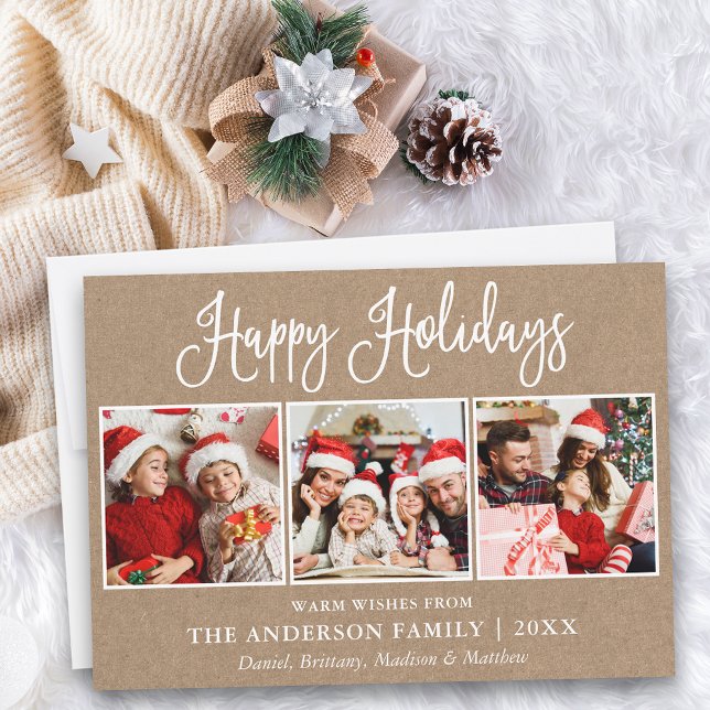 Cartes Pour Fêtes Annuelles Moderne Fun Calligraphie 3 Photo Kraft (Customize to add text to back of card.)