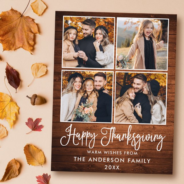 Cartes Pour Fêtes Annuelles Moderne Fun Calligraphie Wood 4 Photo Thankesgivin (Customize to change your personalized text size or text style.)