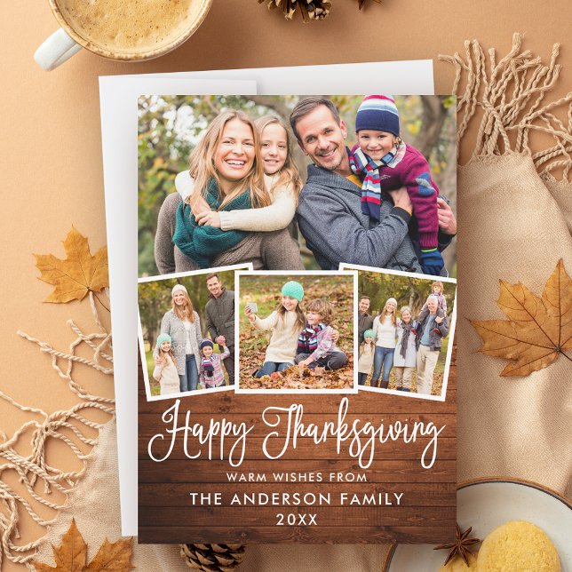 Cartes Pour Fêtes Annuelles Moderne Fun Calligraphie Wood Thanksgiving 4 Photo (Customize to add more text or photos to back of card.)