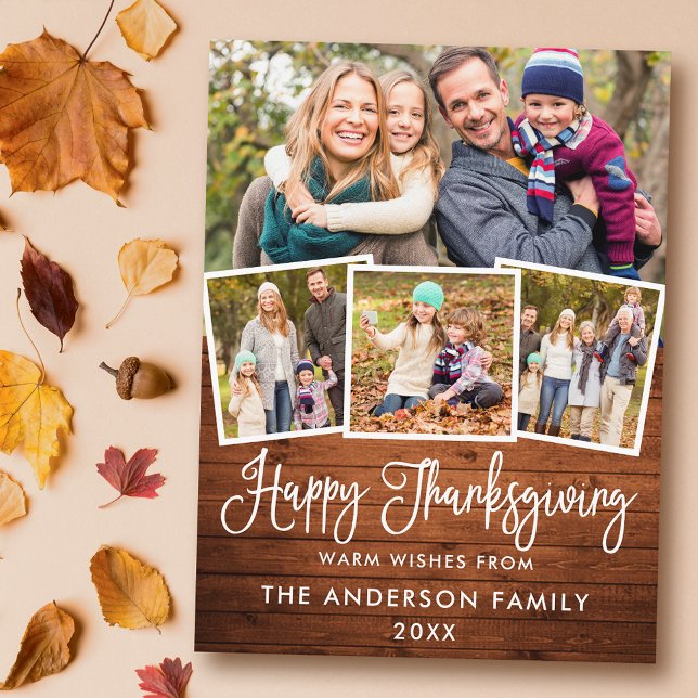 Cartes Pour Fêtes Annuelles Moderne Fun Calligraphy Wood 4 Photos Thanksgiving (Customize to change your personalized text size or text style.)