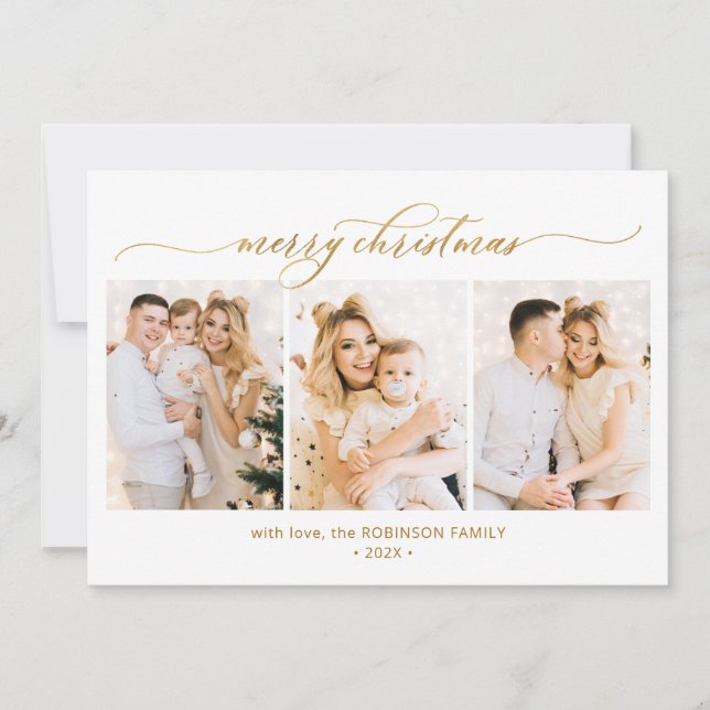 Cartes Pour Fêtes Annuelles Moderne Gold Calligraphie 3 Multi Photo Noël (Devant)