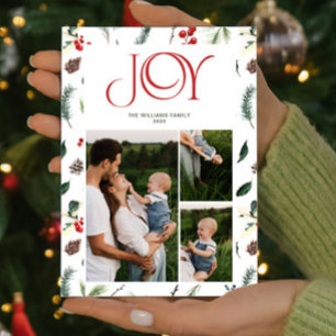 Cartes Pour Fêtes Annuelles Moderne Joy Red Berry Botanique 3 Photo Noël