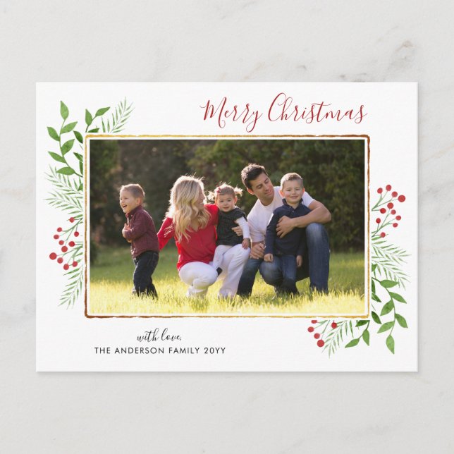 Cartes Pour Fêtes Annuelles Moderne Joyeux Noël Feuilles Foliy Berry Photo (Devant)