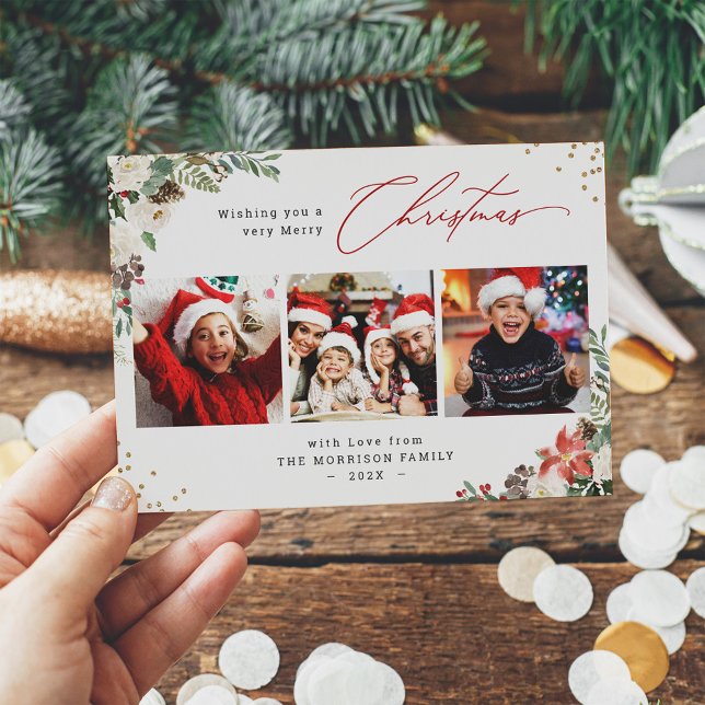 Cartes Pour Fêtes Annuelles Moderne Joyeux Noël Floral 3 Photo Grey (Créateur téléchargé)